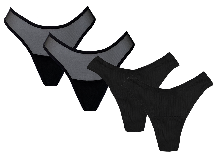 THONG 4 PACK - BLACK/RIB